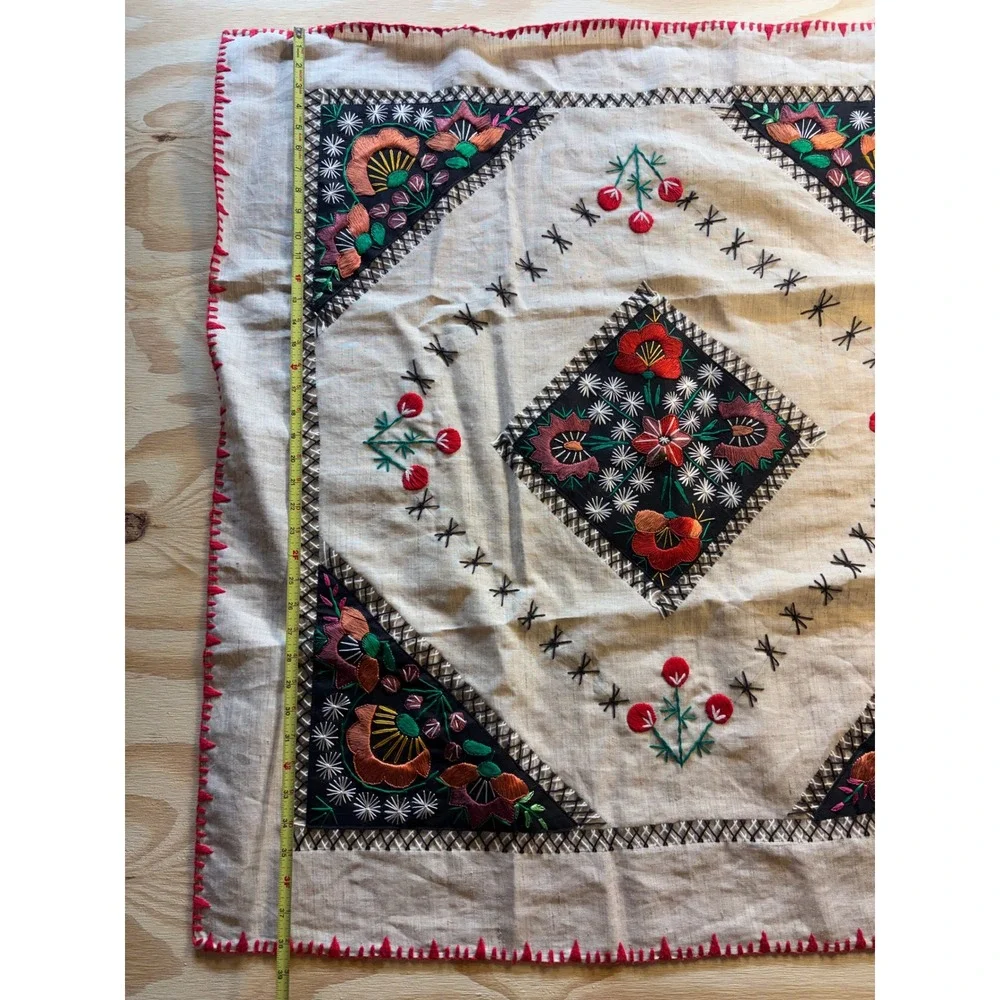 Vintage Hungarian Folklore Embroidered Linen Tablecloth 90s 38x38